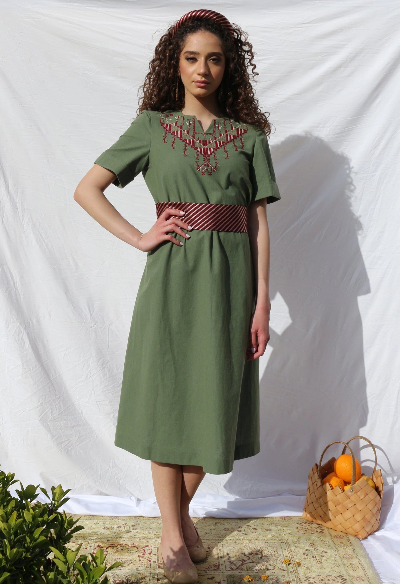 Hand - Embroidered Fallahi Olive Green Linen Dress - Deerah