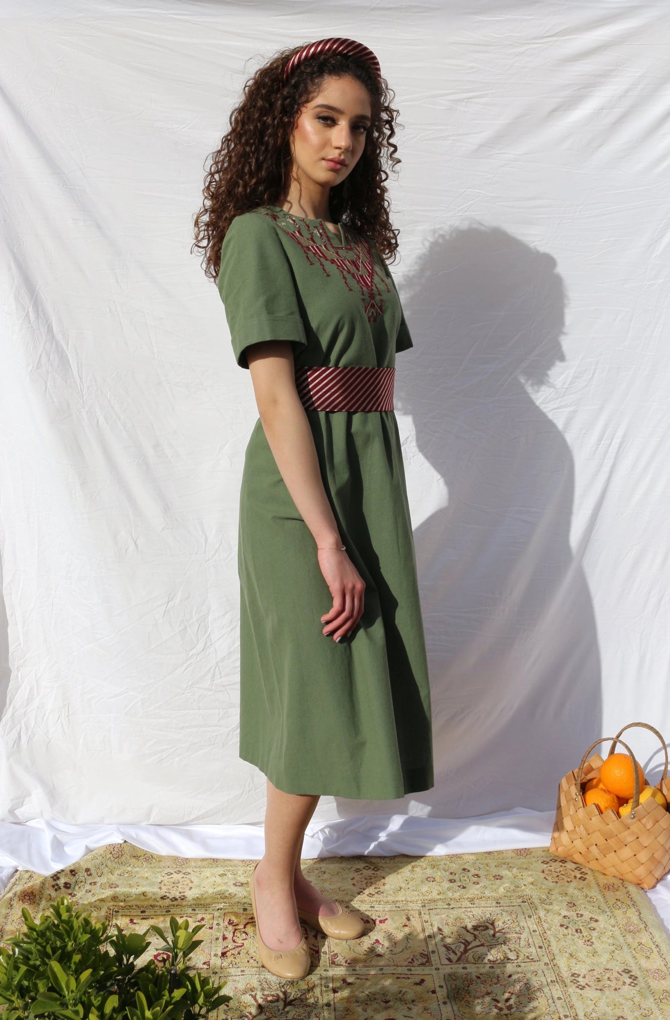 Hand - Embroidered Fallahi Olive Green Linen Dress - Deerah