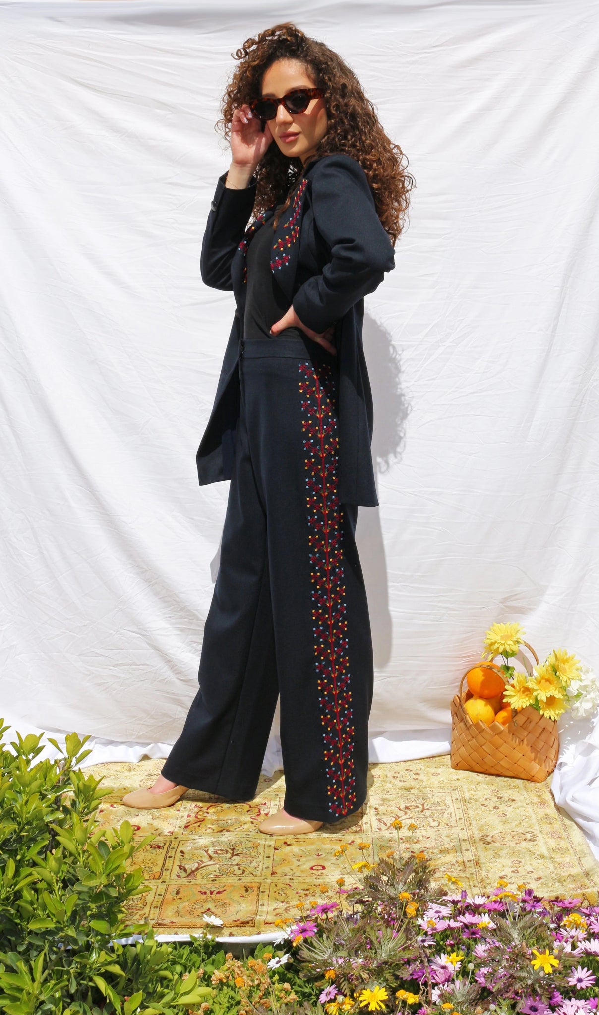 Hand - Embroidered Wide Leg High - Waist Pants - Deerah