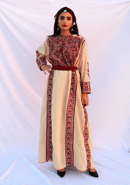 Heba - Hand Embroidered Beige Palestinian Dress Thobe