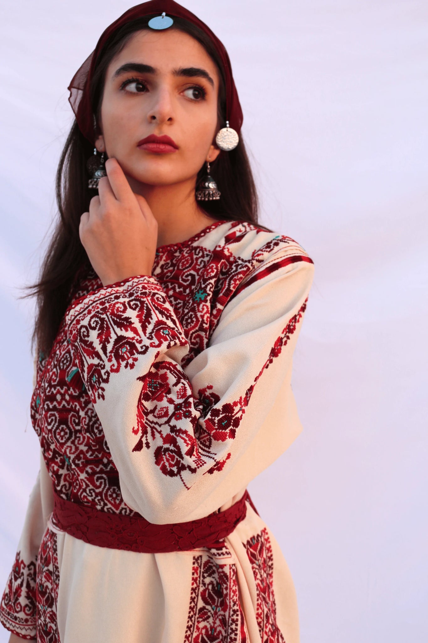 Heba - Hand Embroidered Beige Palestinian Dress Thobe - Deerah