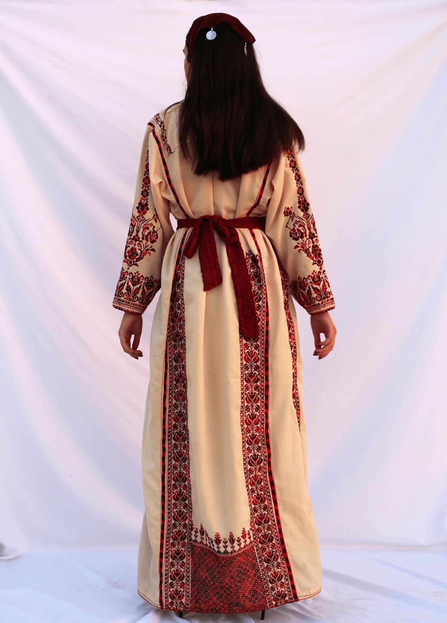 Heba - Hand Embroidered Beige Palestinian Dress Thobe Deerah