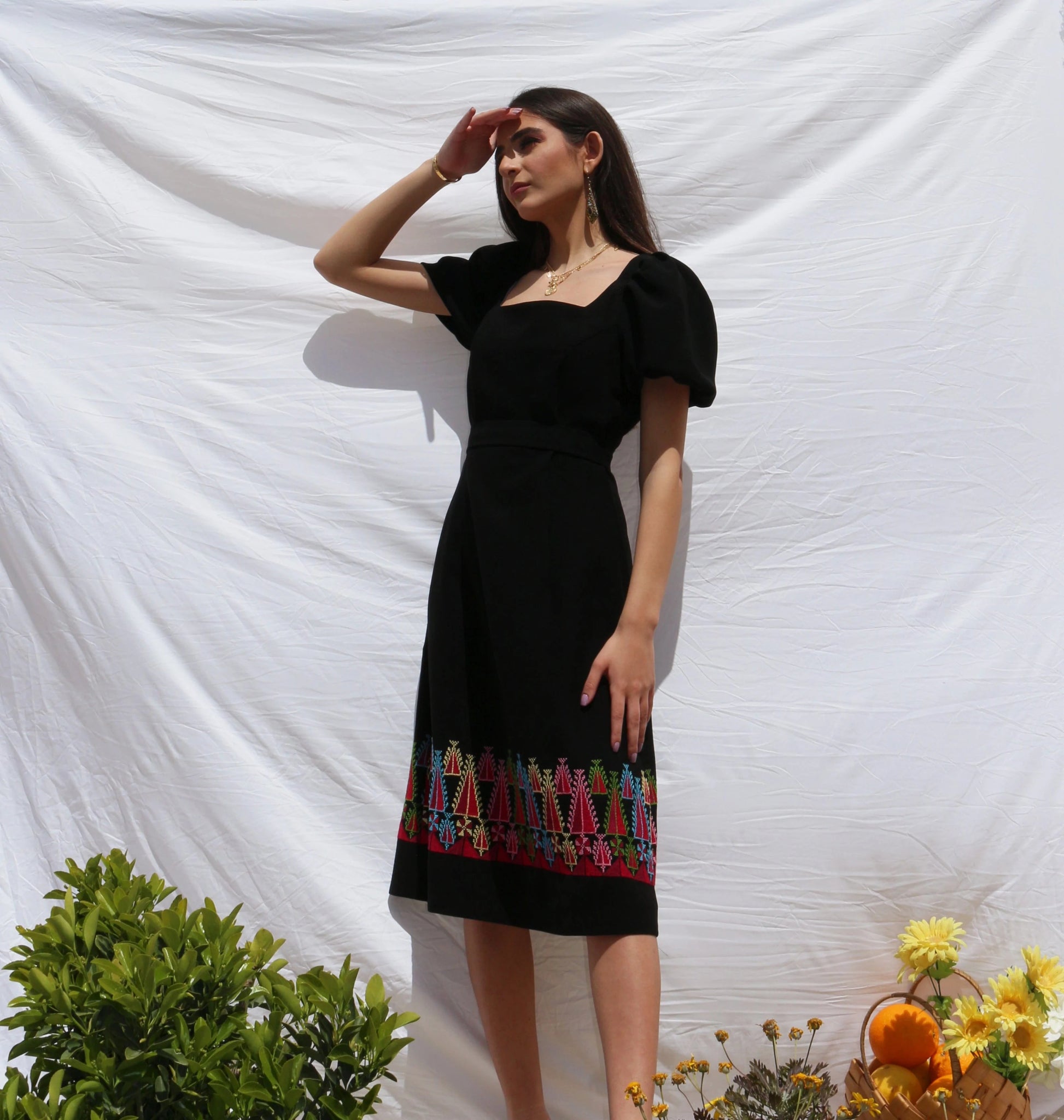 Hand-Embroidered Below Knee Simple Black Dress Hand-Embroidered Below Knee Simple Black Dress