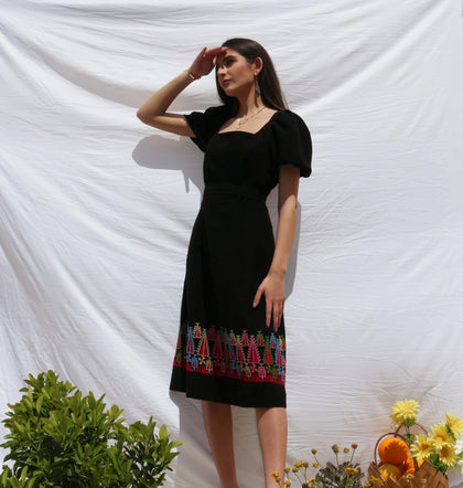 Hand-Embroidered Below Knee Simple Black Dress